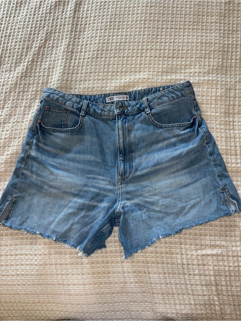 Zara Light Blue Distressed High-Rise Denim Shorts